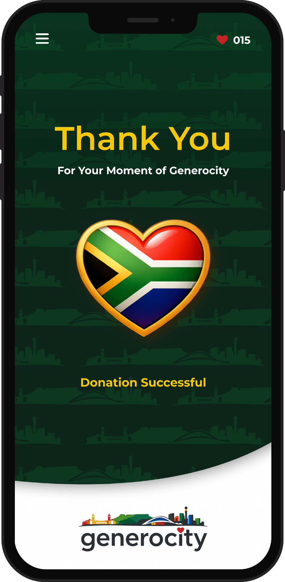 Generocity donation success screen on an iPhone