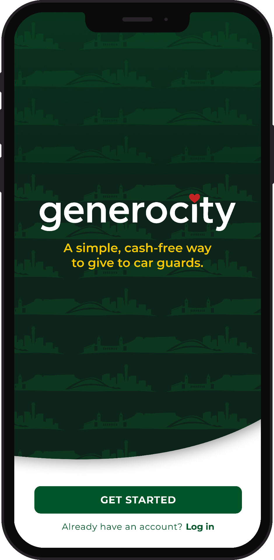 Generocity app login screen shown on a phone