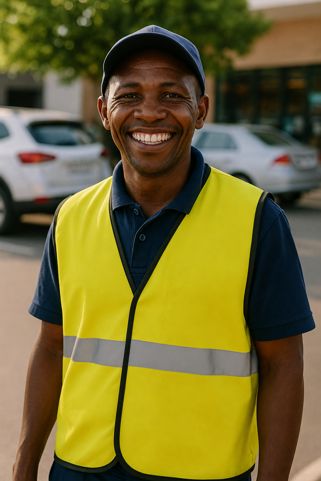 Car guard wearing a high-visibility vest